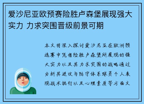 爱沙尼亚欧预赛险胜卢森堡展现强大实力 力求突围晋级前景可期