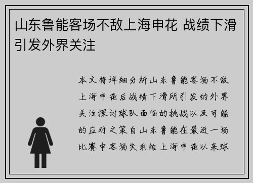 山东鲁能客场不敌上海申花 战绩下滑引发外界关注