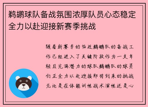 鹈鹕球队备战氛围浓厚队员心态稳定全力以赴迎接新赛季挑战