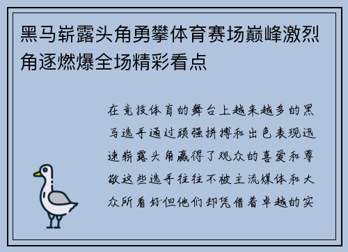 黑马崭露头角勇攀体育赛场巅峰激烈角逐燃爆全场精彩看点