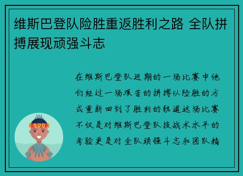 维斯巴登队险胜重返胜利之路 全队拼搏展现顽强斗志
