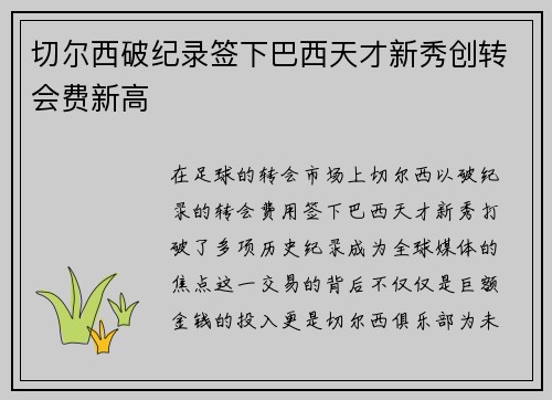 切尔西破纪录签下巴西天才新秀创转会费新高