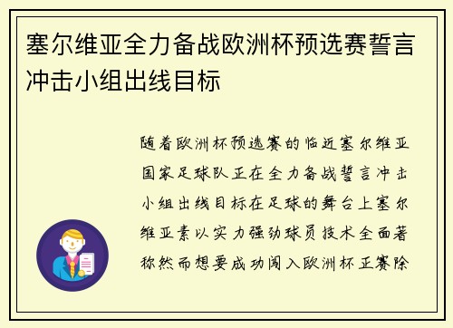 塞尔维亚全力备战欧洲杯预选赛誓言冲击小组出线目标