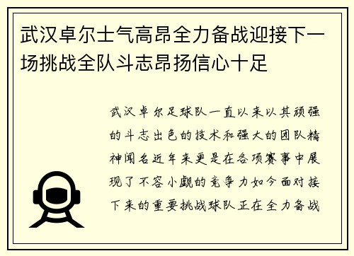 武汉卓尔士气高昂全力备战迎接下一场挑战全队斗志昂扬信心十足